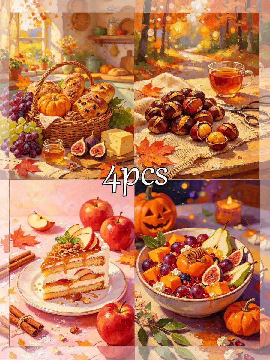 1/4pcs Autumn Foods DIY Digital Oil Painting, Canvas Art For Beginners, Paint By Numbers Kit For Adults, Home Wall Decor, Holiday Gifts.