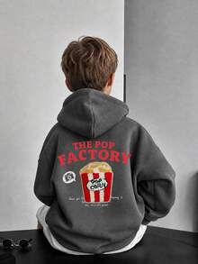 1pc Boys Vintage Popcorn Young Boy Sweatshirt, Flocked Texture Snack English Print, Dark Gray Unisex Kids Loose Fit Spring/Autumn Sweatshirt - Dark Grey - View 2