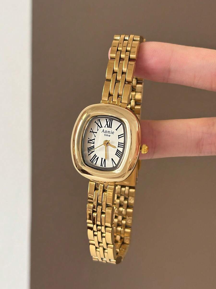 Classic Round-Corner Square Women's Watch, White Dial, Roman Numeral Hour Markers, Folding Clasp, Suitable For Daily Wear - Gold - View 1