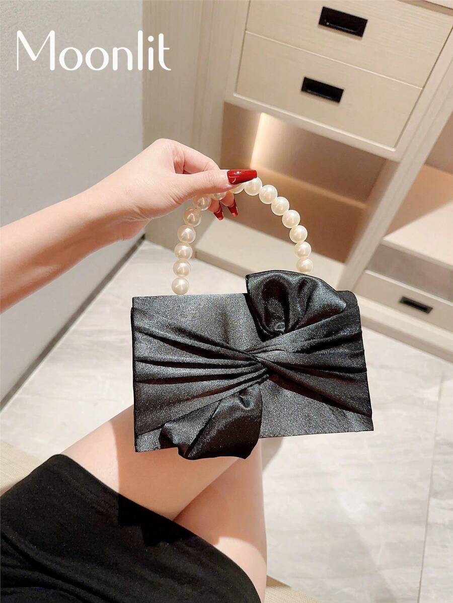 Moonlit EveBag 女士精致蝴蝶结装饰手拿包、人造珍珠铆钉盒式晚宴包、浪漫婚礼派对钱包、新娘包、正式活动包、链条肩带手提包、优雅人造珍珠手拿包、舞会包