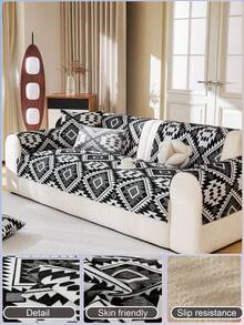 1pc Bohemian Style New All-Season Sofa Cushion, Straight-Line Anti-Scratch Leather Sofa Cover - Black - View 1