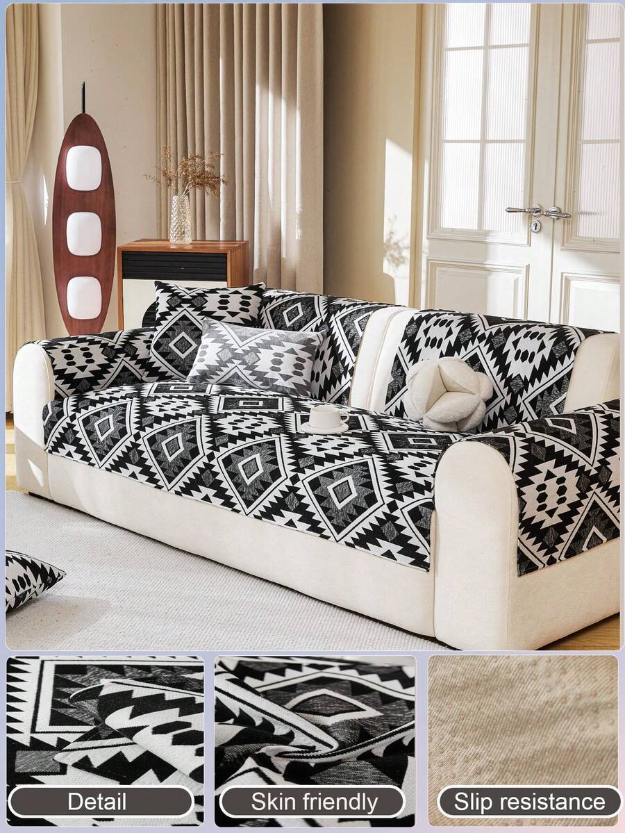 1pc Bohemian Style New All-Season Sofa Cushion, Straight-Line Anti-Scratch Leather Sofa Cover - Black - View 1