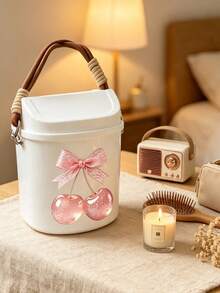 Cute Bowknot Cherry Print Swing Lid Car Trash Can, Kawaii Hanging Waste Bin, Multifunctional Desktop Sundry Storage Bucket, Makeup Brush Holder, Portable Organizer Container For Vehicle Interior Decor - A - View 3