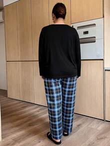 Women's Plus Size Pajama Set, Plaid Pocket, Long Sleeve Long Pants Loungewear Set, Autumn/Winter Clothing - Blue - View 2