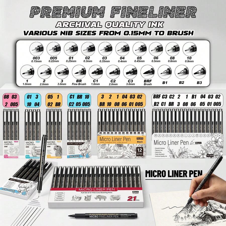 Fine Liner Pens - 4/6/12/18/21 Pack Multi-Function Black Fine Tip Pens With 21 Tip Sizes To Choose From, Ultra-Fine Needle Tip Pen Set, Suitable For Detailed Drawing, Sketching And Writing - Perfect Choice For Artists And Hobbyists, Architectural Drafting And Woodworking Marking Pens