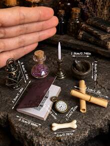 Miniature Alchemy Scene Ornament Set Includes Potion Bottles, Candle Holders, Mortar And Pestle, Scrolls And Magic Books Miniature Models. Dollhouse Witch Scene Decoration Accessories - one-size - View 2