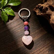 2pcs Handmade Natural Heart-Shaped Jade Stone Keychains, Chinese Vintage Beaded Key Rings, Bohemian Crystal Bag Charms, Lucky Healing Stone Jewelry, Gift For Girls And Women. Each Natural Crystal May Have Slight Color Variation - View 2
