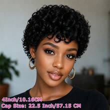 Short Elfin Cut Human Hair Wig For Women Short Afro Curly Wave Human Hair Wig With Bangs Remy Peruvian Human Hair Wig Elastic Net Full Machine Made Black Colored Human Hair Holiday Wear Party Wear Music Festival - Natural Black - View 12