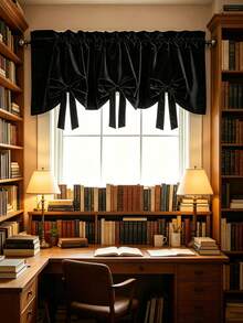 1PC New Red Bow Velvet Designer Decorative Small Curtain, Light-Filtering Window Curtain For Kitchen And Multiple Uses, Rod Pocket Design, Fresh Style Finished Short Curtain - Black - View 3
