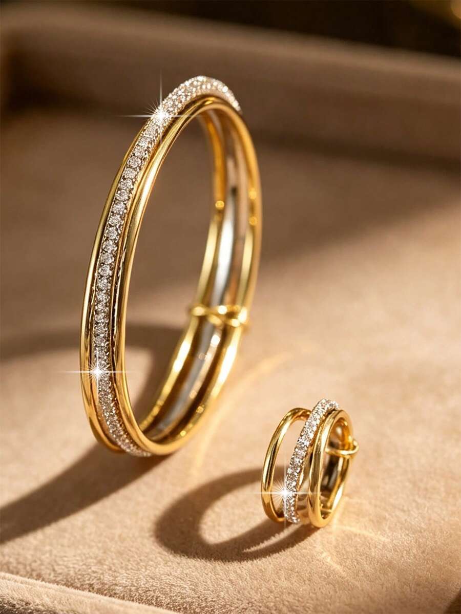 2pcs/1set Fashionable 3-Layer Cubic Zirconia Dual-Color Bracelet & Ring Set, Suitable For Women's Engagement, Dating, Daily Commute, Copper Jewelry Gift - Yellow Gold - View 1