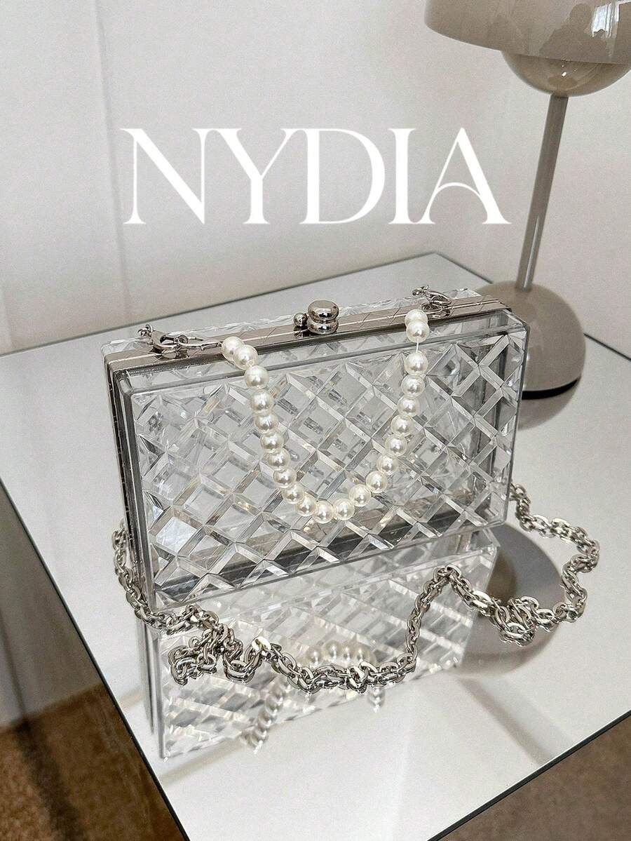 Mini Box Bag Faux Pearl Decor Chainhandbag,Shoulder BagFashion,Quiet LuxuryPortableFor Woman - Clear - View 1