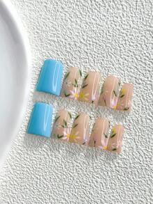 10片裝極簡手工穿戴甲，Polygel美甲套組，手繪花卉設計，藍色、粉色與綠色指甲油，可愛風格，附美甲工具，3種尺寸可選，杏仁形、鴨嘴形、棺材形，適合派對、跳舞、日常配戴 - 彩色 - 查看 18