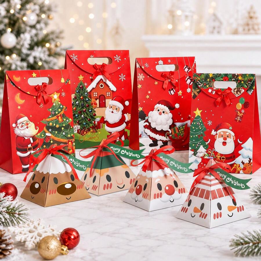 48Pcs/24Pcs/4Pcs Christmas Gift Paper Bag And Triangular Box Cartoon Santa Claus Reindeer Snowman Paper Small Gift Box Box With Bow, Merry Christmas Party Packaging Supplies