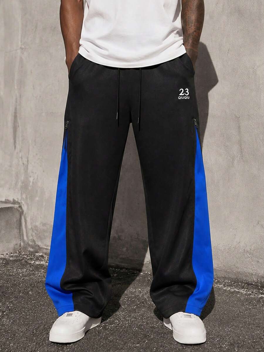 American Street Style Black & Blue Colorblock Wide Leg Sweatpants Side Zipper Number Embroidery Drawstring Casual Long Pants For Men - Black - View 1