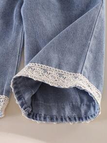 2pcs/Set Baby Girl Cute Puff Sleeve Long Sleeve Top And Straight Leg Pants With Lace Trim, Autumn - Light Wash - View 7