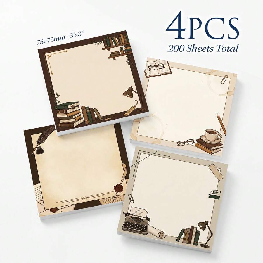 4 Packs Total 200 Sheets Vintage Library Sticky Notes 75x75mm 3x3 Inch, Book & Coffee Writing Theme Self-Adhesive Memo Pads, Nostalgic Study Planner To-Do List Desktop Reminder Stickers, School Office Stationery Supplies - 75 X 75 mm - View 1