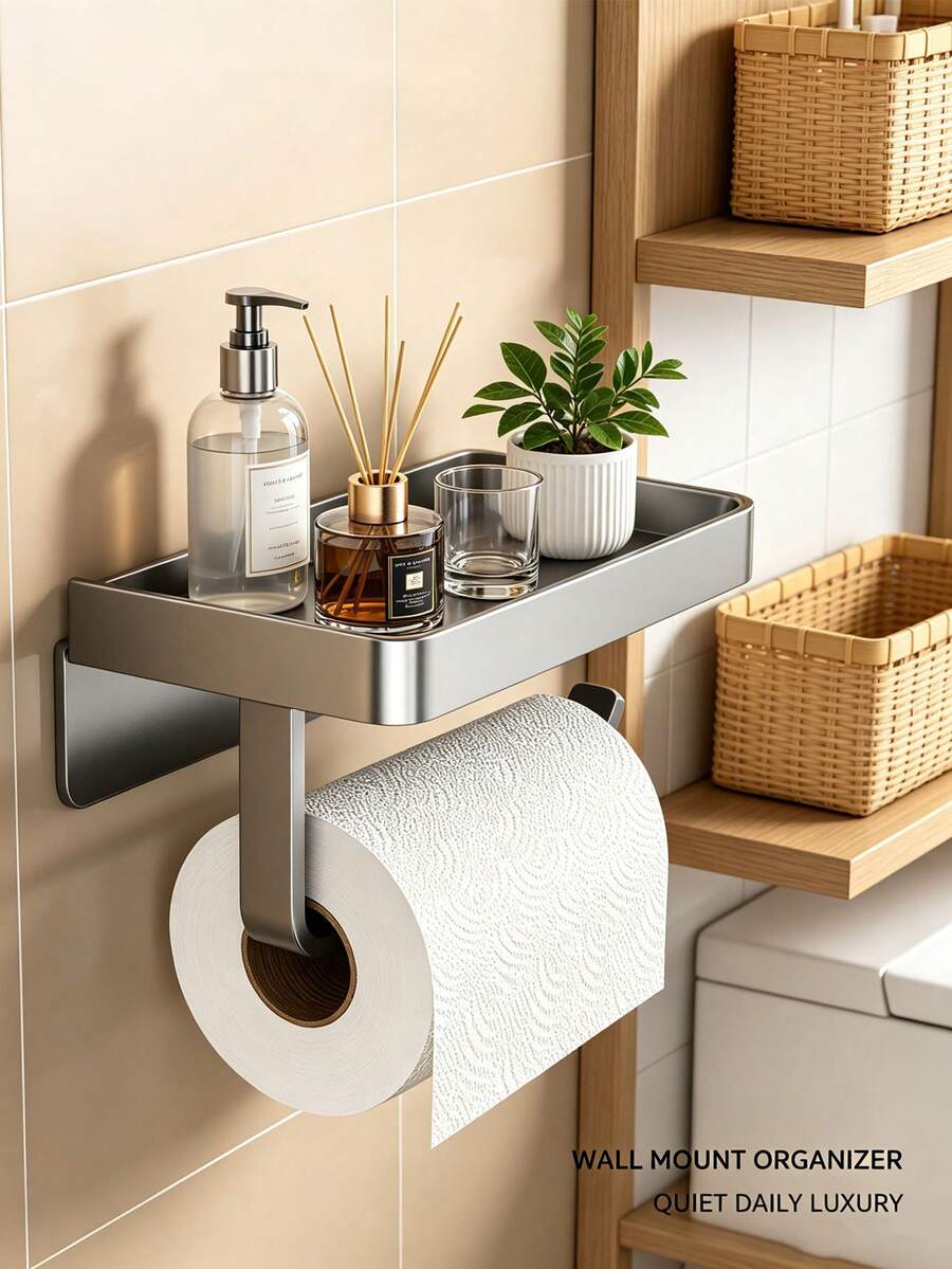 1PC/6PCSWall Mounted Toilet Paper Holder With Storage Shelf, Bathroom Tissue Roll Holder With Top Tray, Multi-Function Bathroom Wall Organizer, Space Saving Bathroom Accessory, Wall Mount Tissue Rack For Restroom, Hold Toiletries