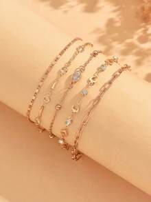 5pcs/Set Luxury Style Sparkling Oval Rhinestone Women's Chain Bracelet, Fashionable Versatile Design Hollow Heart Handmade Chain Jewelry, Suitable For Daily Wear, Dating And Shopping - Gold - View 3