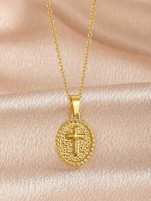 1pc Classic Rettro Gold Tone Colorful Cross Pendant Necklace Blue White Pink Oval Enamel Charm Vintage Y2K Layered Jewelry Gift - Multicolor - View 5