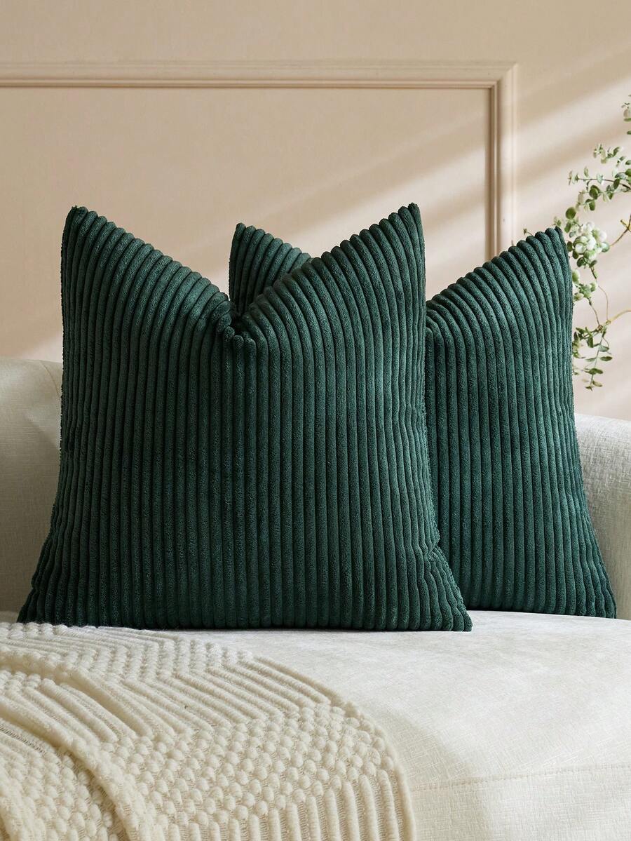 1/2pcs Set Cushion Covers, Dark Green Corduroy Striped Pattern, Decorative Cushion Covers, Sofa Cushions, Sofa Cushions, Decorative Cushion Covers, Office, Living Room