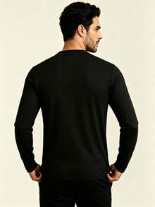 AHTELB Men's Spring/Autumn Henley Collar Long Sleeve Base Layer, 3-Button Half-Placket Design, Versatile Casual Top For Layering Sports Black - Black - View 2