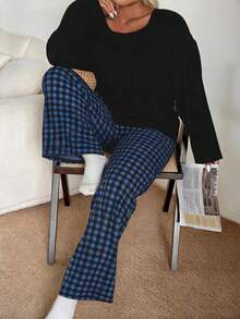 Women's Plus Size Plaid Print Long Sleeve Long Pants Loungewear Set, Autumn/Winter Clothing - Black - View 4