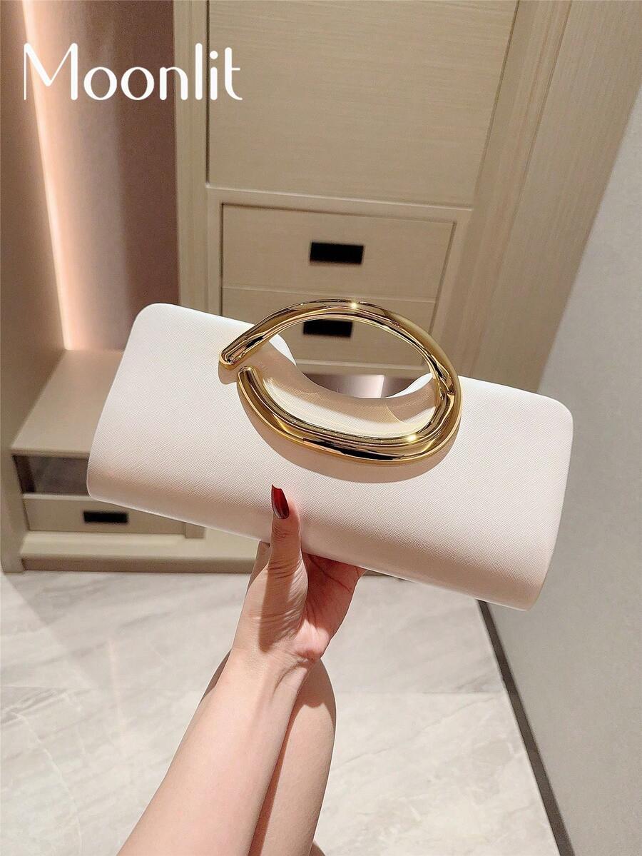 1件歐美時尚金屬裝飾迷你手拿包，高端亮面金屬條女款手提包，優雅奢華正式禮服晚宴包，PU皮革派對包/浪漫婚禮手拿包/舞會包，雞尾酒會包，附金屬鏈條返校舞會包