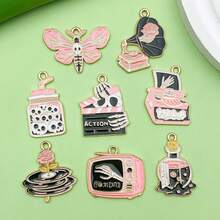 2/8pcs Pink Gothic Enamel Charms Alloy Skeleton Moth Record Player Pendant For DIY Halloween Bracelet Necklace Earring Jewelry Making Findings - Pink - View 10