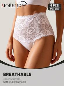 Morelect 6pcs Women Plus Size Lace Panties Triangle High Waist Tummy Control Sexy Everyday Underwear - White - View 3