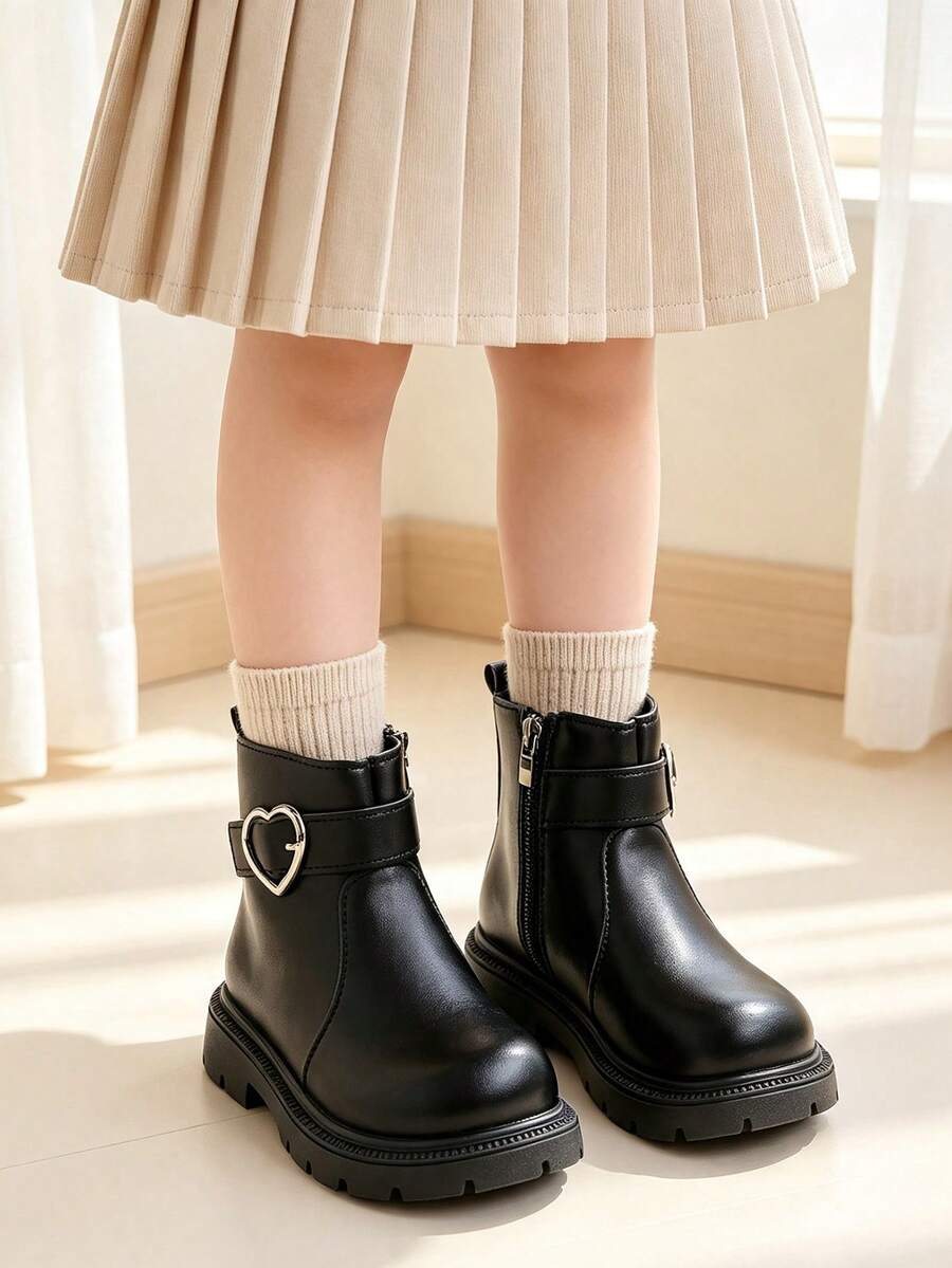 1 Pair Girls' Sweet & Cool Heart Button Ankle Boots, Convenient Side Zipper Versatile Ankle Boots, Suitable For Holiday Outfits, Outdoor Activities, All-Season Wear - Black - View 1