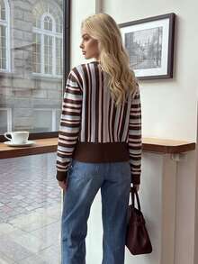 Women Autumn Vertical Striped Knit Cardigan Round Neck Single‑Button Short Fitted Jacket Back To School Festival Daily Tops - Brown - View 2