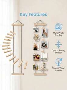 1 Set Wooden Photo Wall Hanging Rack, Includes Hanging Rope And Clips, Multi-Photo Display Stand, Photo Wall Frame Collage, No Drilling Required, Space-Saving, Suitable For Dorms, Bedrooms, Desktops And Wall Decoration - A - View 9