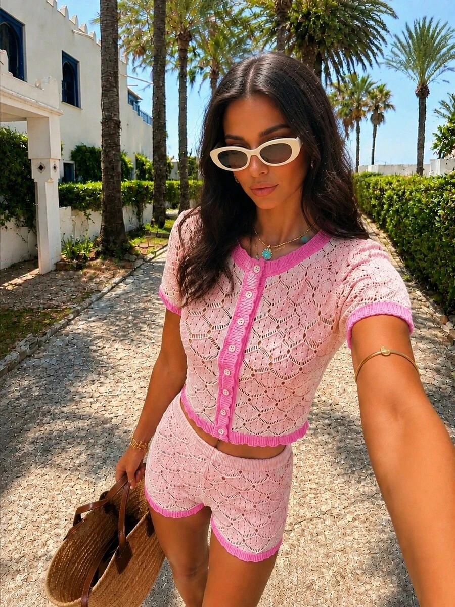 Women's Pink Knit Hollow Out Cover Up Top & Shorts Set, Women's Bohemian Vacation 2-Piece Set, Crochet Beach Cover-Up, Suitable For Spring/Summer Daily Commute And Outings - Baby Pink - View 1