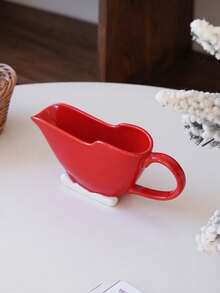 1pc Red Ceramic Gravy Boat, Sled-Shaped Sauce Boat, Gravy Box, Creamer Cup, Solid Color Espresso Pot, Suitable For Gravy, Warm Sauce, Salad Dressing, Milk, Holiday Dinner Tableware, Gift - Multicolor - View 4