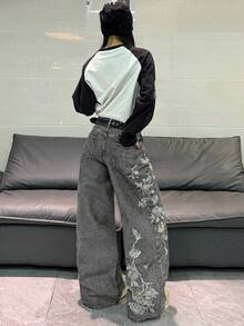 1件韓式街頭風女款刺繡寬腿鬆身長褲，舒適四季牛仔長褲（本產品不含腰帶/配件） - 淺灰色 - 查看 8