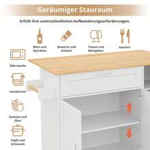 Flieks 132.5*44(70)*90cm Large Mobile Kitchen Island, Foldable Countertop, Oak Grain, Multifunctional Cabinet, Spice Rack, Towel Holder, 5 Casters, Suitable For Kitchen/Dining/Home - White - View 8