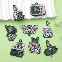 2/8pcs Black Gothic Enamel Charms Alloy Skeleton Moth Record Player Skull Pendant For DIY Halloween Bracelet Necklace Earring Jewelry Making Findings - Black - View 3