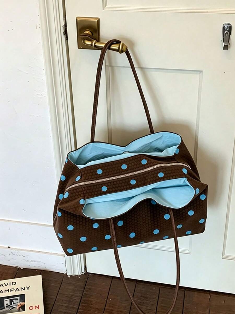 2026 New Korean Style Slouchy Cute Polka Dot Canvas Commuter Shoulder Bag Large Capacity All Season Tote Bag
