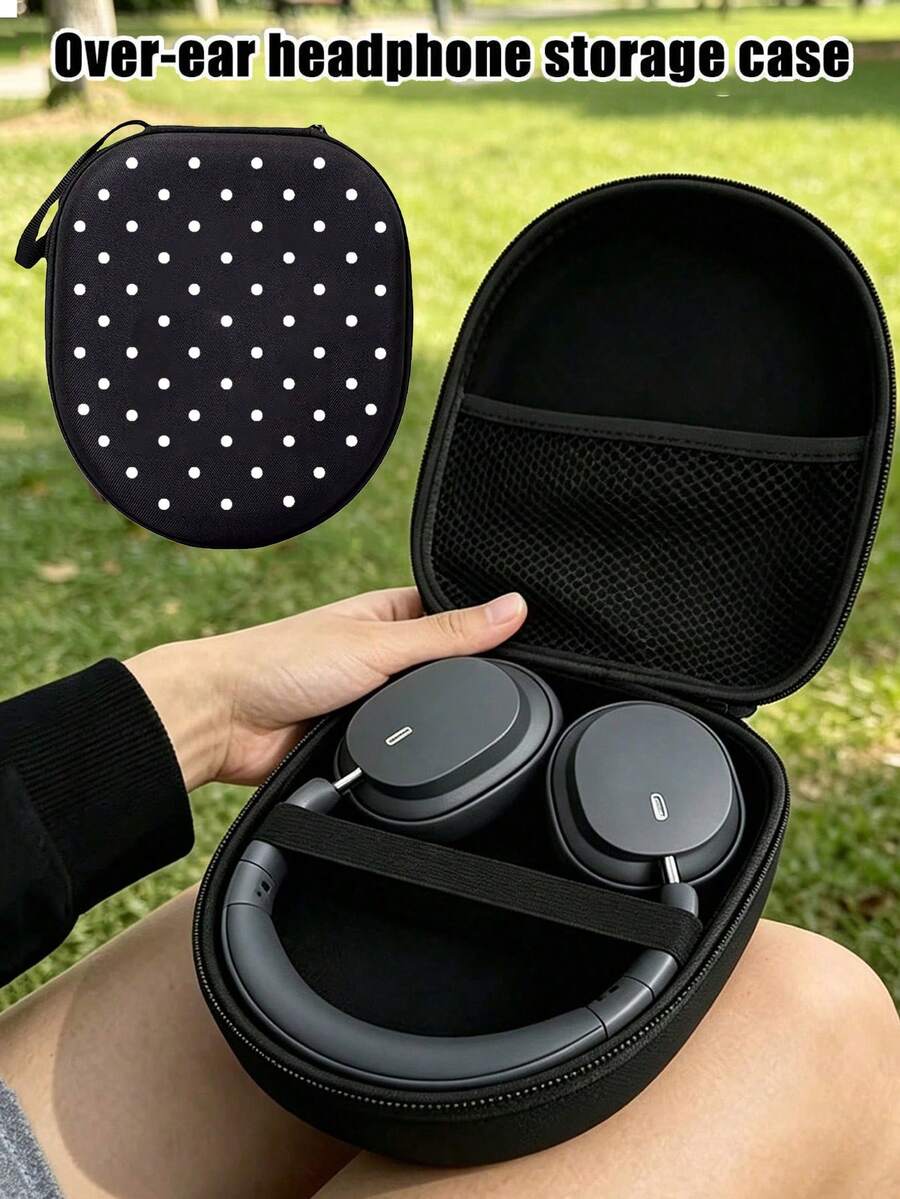 Polka Dot Pattern Hard Shell EVA Earphone Storage Bag - Portable Travel Case For Over-Ear Headphones And Gaming Headsets, With Mesh Pocket And Elastic Strap, Waterproof And Shockproof - Multicolor - View 1