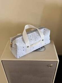 日系小眾設計 Ins 風格星星波點鉛筆袋，大容量旅行便攜手提包，女性用化妝 3D 收納包 - 淺藍色 - 查看 2