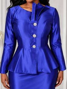 AOMEI Elegant Royal Blue Satin Peplum Church Dress Long Sleeve Rhinestone Button Trim Bodycon Midi Dresses Office Formal Party Outfit Fall New - Blue - View 2