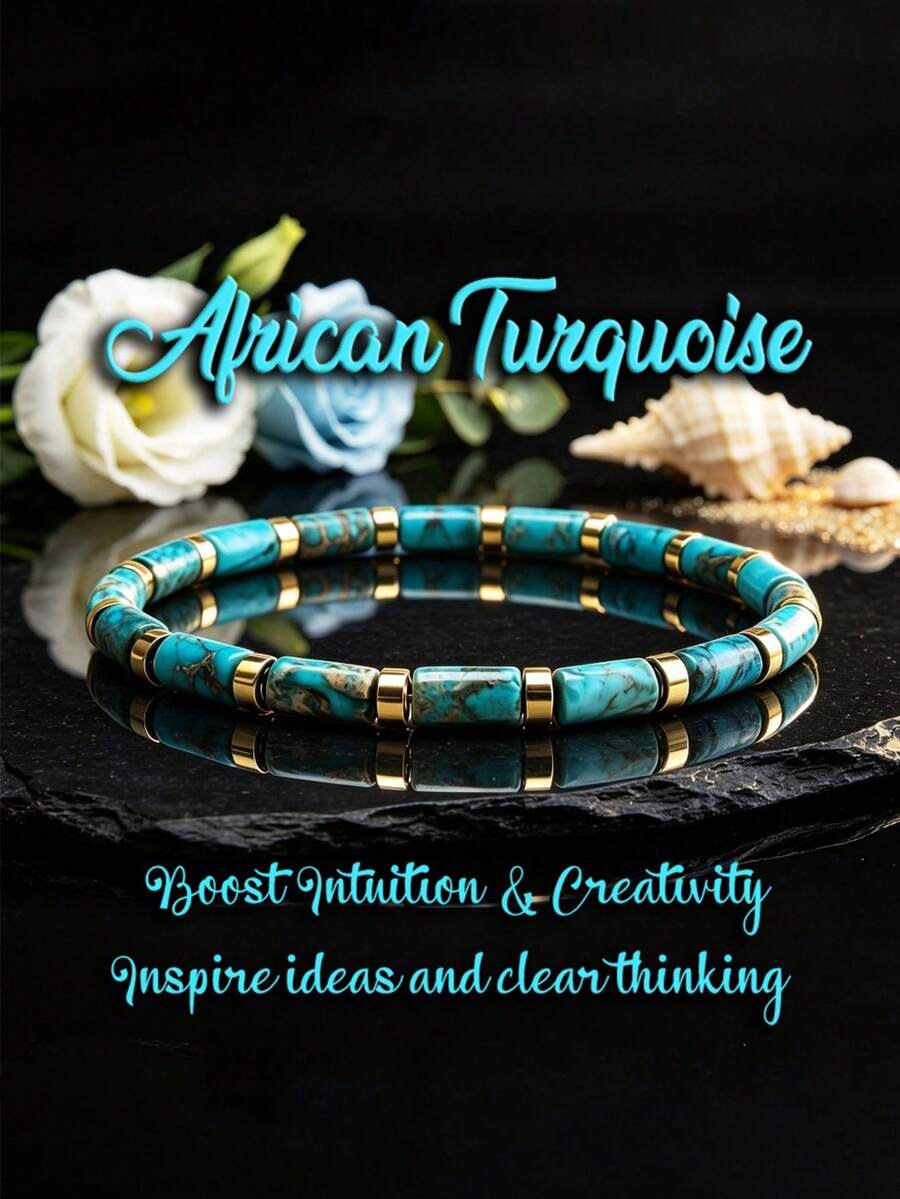 Natural African Turquoise Cylinder Bead Bracelet, Intuition & Creativity Crystal Bracelet, Bohemian Everyday Versatile Unisex Jewelry Gift - Multicolor - View 1