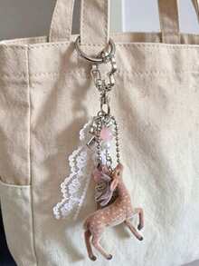 1pc Flocked Deer Keychain, Lace Ribbon Flower Bead Charm, Cute Atmosphere Pendant, Suitable For Handbag, Backpack Decoration, Can Be Used As Gift - Multicolor B - View 3