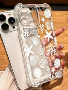 1pc ClearFour Corners Air Cushion Shockproof Phone Case, White Line Pattern, Seashell, Starfish, Coral, Ocean Design, Transparent Material, Anti-Drop Design, TPU Protective Shell - Clear - View 8