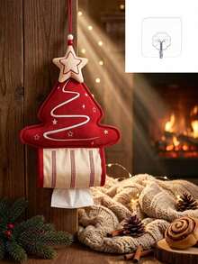 1PC Red Green Christmas Tree Pattern Hanging Tissue Holder, Festive Cute Corduroy Fabric Tree‑Shaped Tissue Dispenser, Star Embroidery With Hanging Loop, Space‑Saving Wall‑Mount Tissue Pouch For Xmas Home Living Room Christmas Party Decor Use - Multicolor - View 9