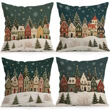4pcs/1pc Christmas Fairy Tale Town Pattern Pillow Case Without Insert, Single-Sided Printed Pillow Case, Suitable For Living Room Bedroom Home Decor, All Season Pillow Case - Multicolor - View 1