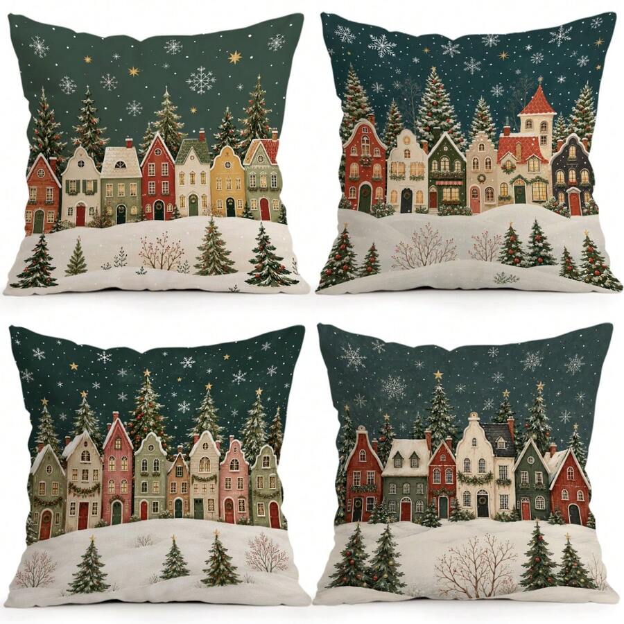 4pcs/1pc Christmas Fairy Tale Town Pattern Pillow Case Without Insert, Single-Sided Printed Pillow Case, Suitable For Living Room Bedroom Home Decor, All Season Pillow Case - Multicolor - View 1