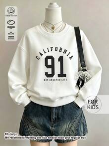 Tween Girl Crewneck Sweatshirt, California 91 Number Letter Printed Cotton Pullover, Soft Breathable Casual Top - White - View 1