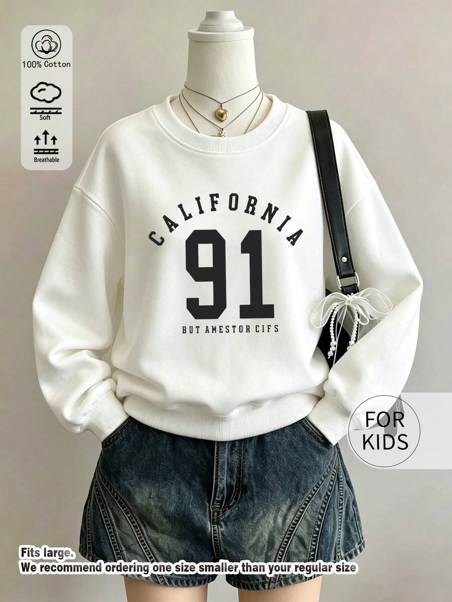 Tween Girl Crewneck Sweatshirt, California 91 Number Letter Printed Cotton Pullover, Soft Breathable Casual Top - White - View 1