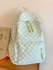 Highly Attractive Aesthetic Backpack For Girls, High School, College And Middle School Students, Large Capacity Simple Plaid Design Shoulder Bag - Green - View 7